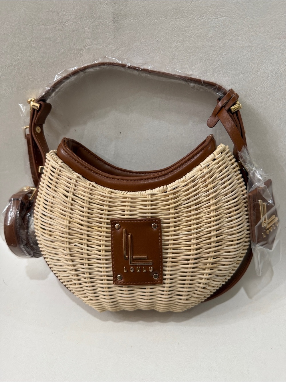 Loulou Woven Crescent Crossbody Bag in Natural & Brown - Picture 2 of 16